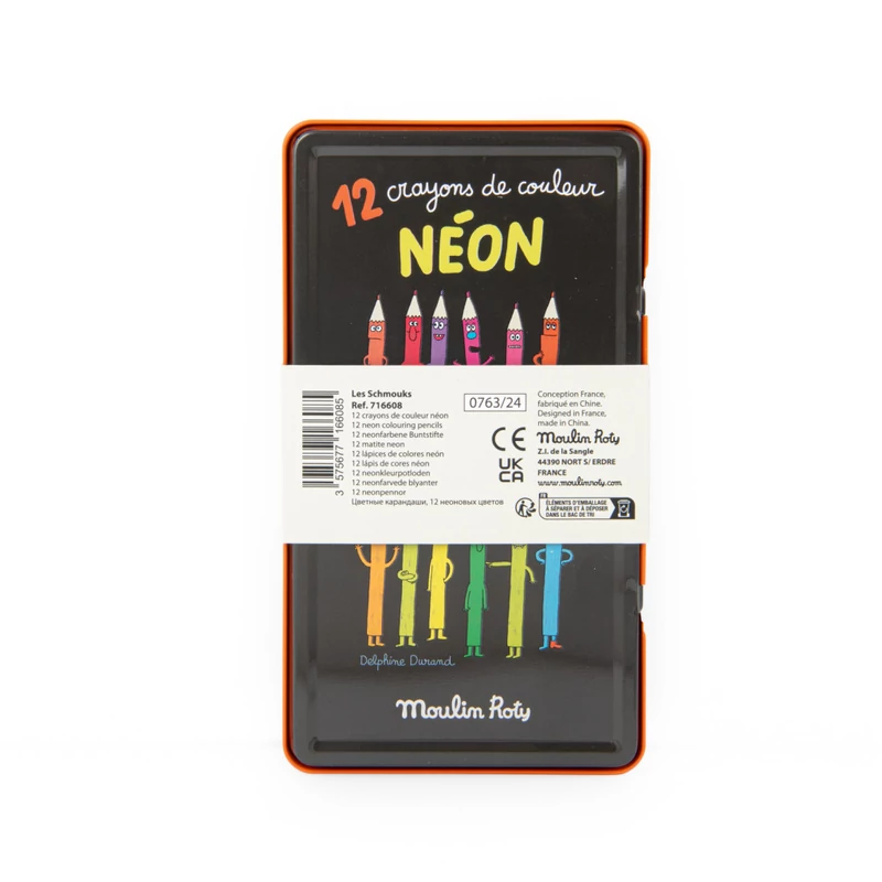 Moulin Roty - Csinoskák - Színes ceruza készlet fém dobozban - neon színek - 12 db